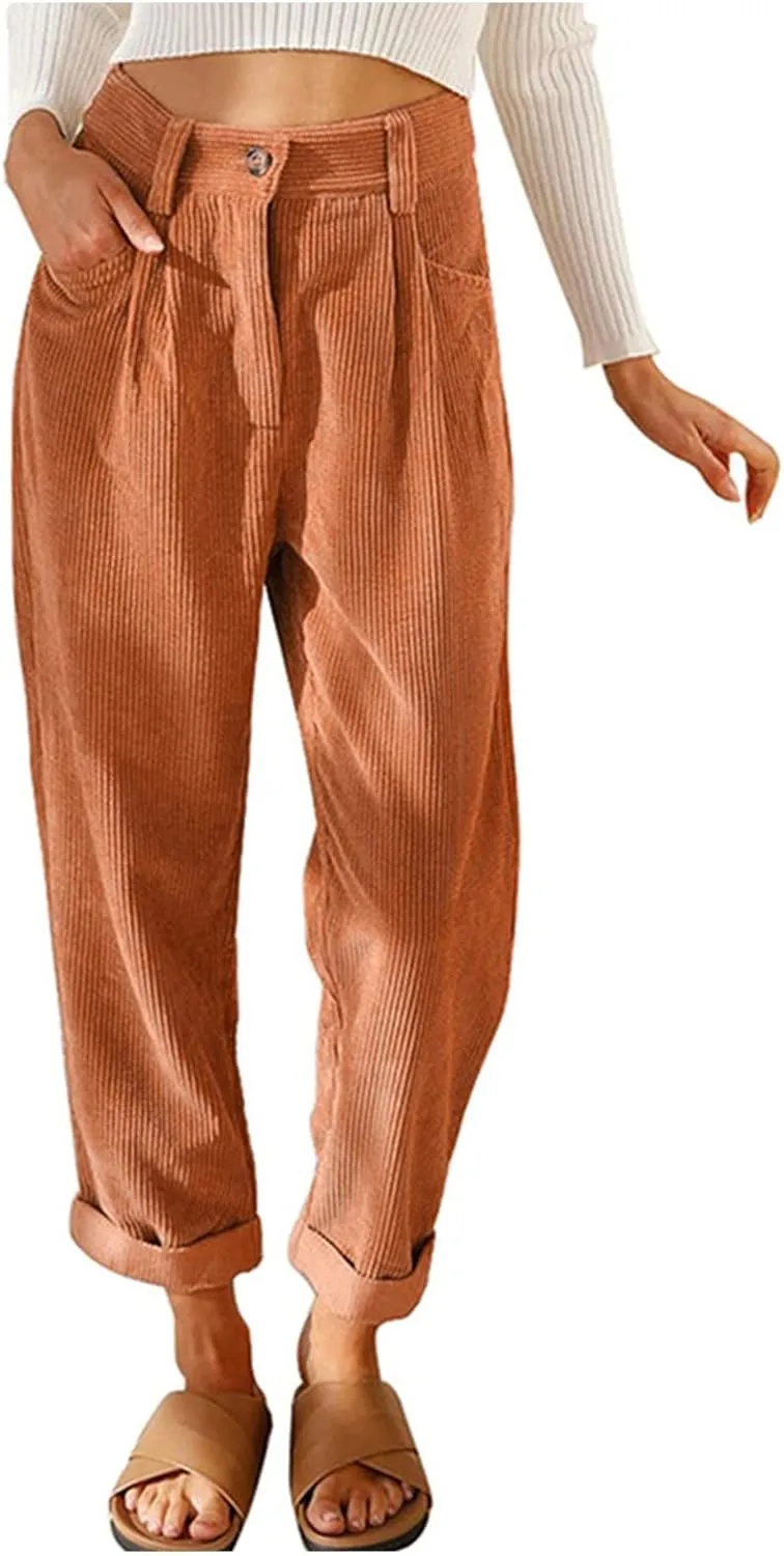 Womens Corduroy Pants Casual Button High Waisted Pants Stretchy Straight Leg Pants Wide Leg Lounge Pants with Pockets