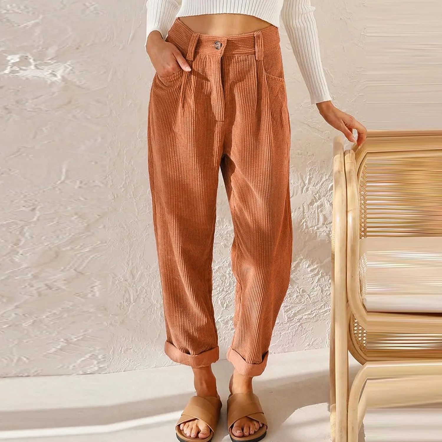 Womens Corduroy Pants Casual Button High Waisted Pants Stretchy Straight Leg Pants Wide Leg Lounge Pants with Pockets