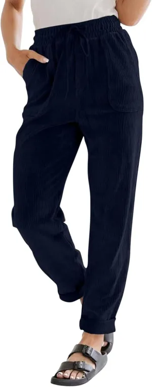 Womens Corduroy Pants Casual Drawstring High Waist Straight Leg Pants Vintage Loose Comfy Pants Trousers with Pockets
