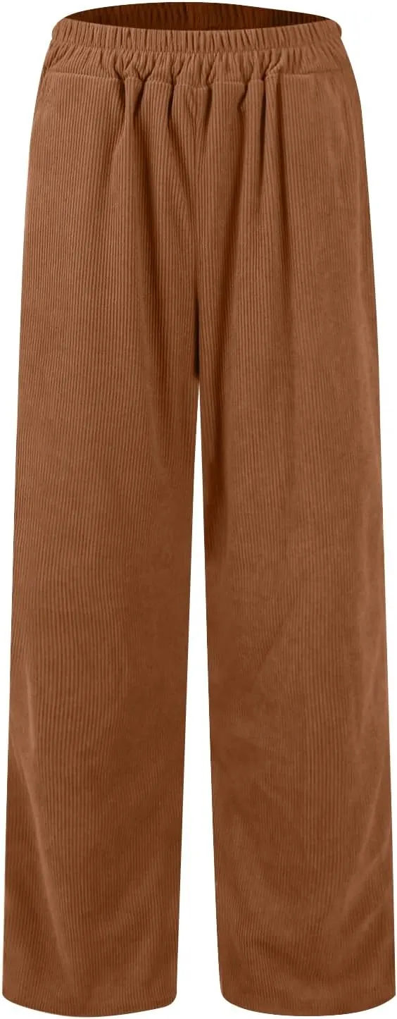 Womens Corduroy Pants Comfy High Waitsted Straight Leg Work Pants Trousers Business Casual Pants with Pockets