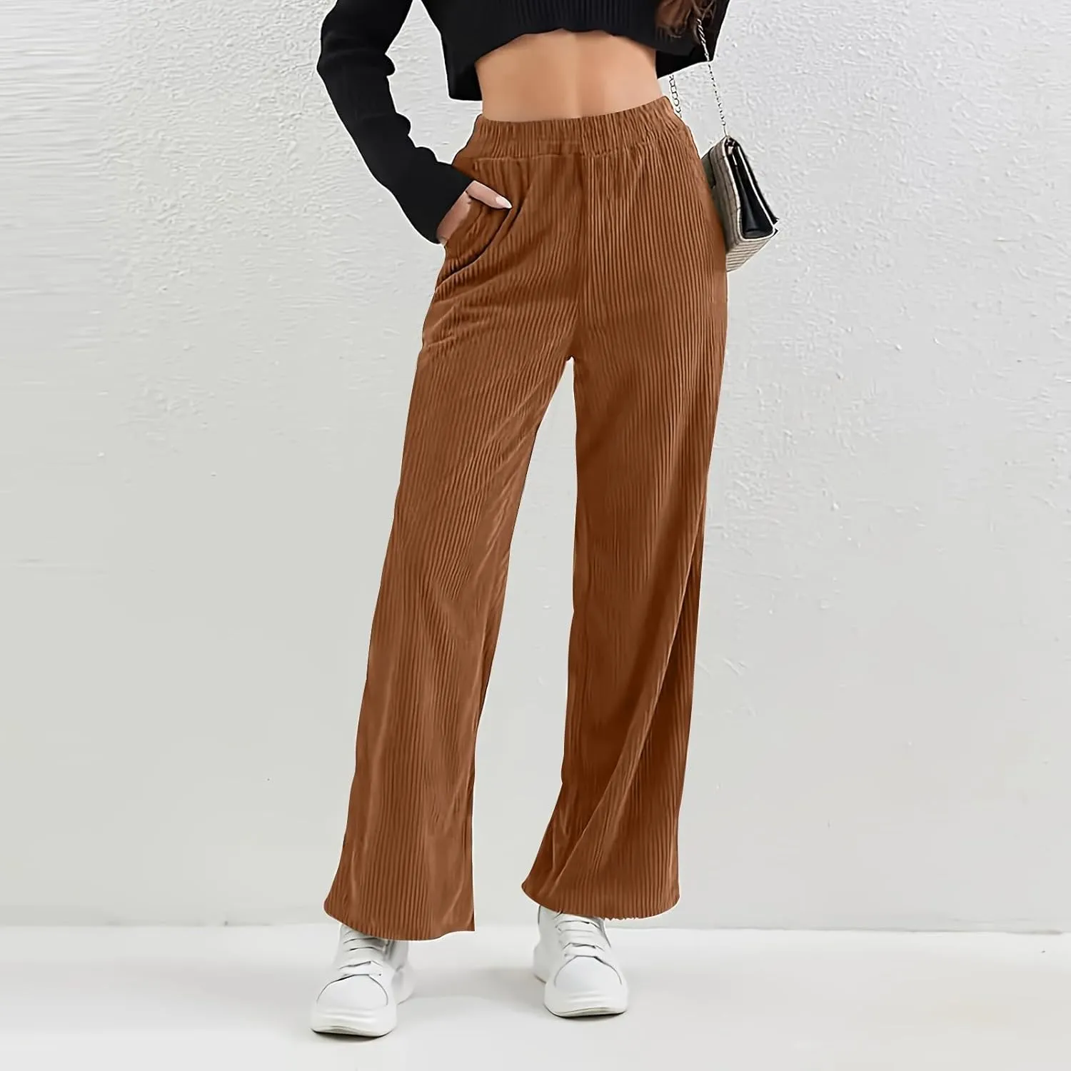 Womens Corduroy Pants Comfy High Waitsted Straight Leg Work Pants Trousers Business Casual Pants with Pockets