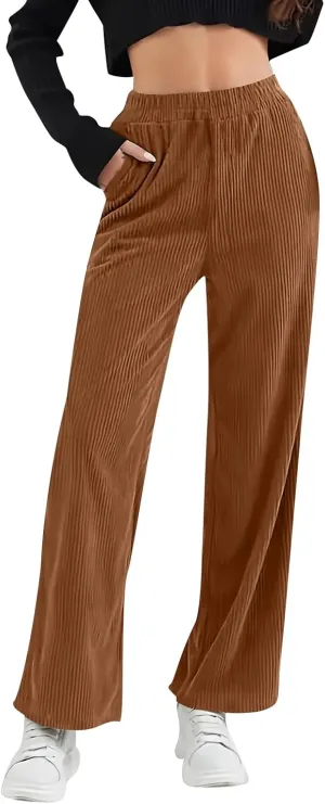 Womens Corduroy Pants Comfy High Waitsted Straight Leg Work Pants Trousers Business Casual Pants with Pockets