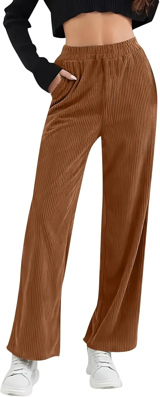 Womens Corduroy Pants Comfy High Waitsted Straight Leg Work Pants Trousers Business Casual Pants with Pockets