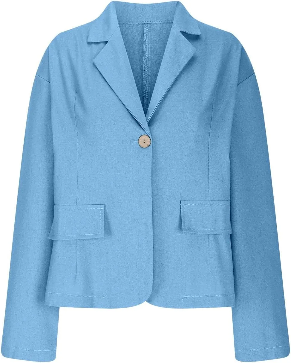 Women's Cotton Linen Blazer Long Sleeve Jacket Summer Lightweight Lapel Button Suit Ladies Business Casual Clothes