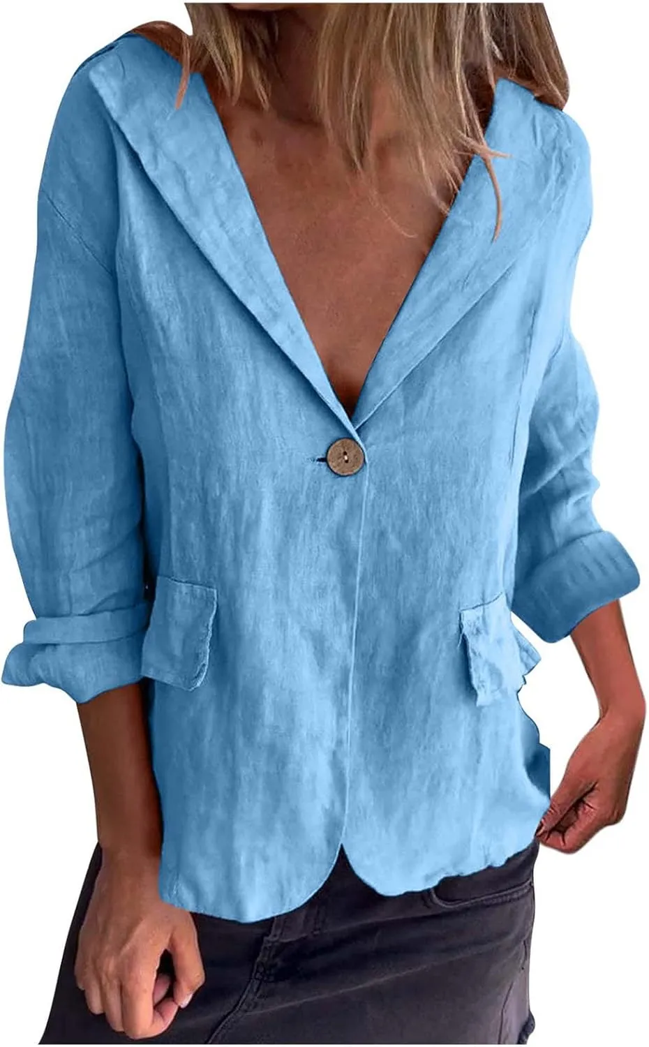 Women's Cotton Linen Blazer Long Sleeve Jacket Summer Lightweight Lapel Button Suit Ladies Business Casual Clothes