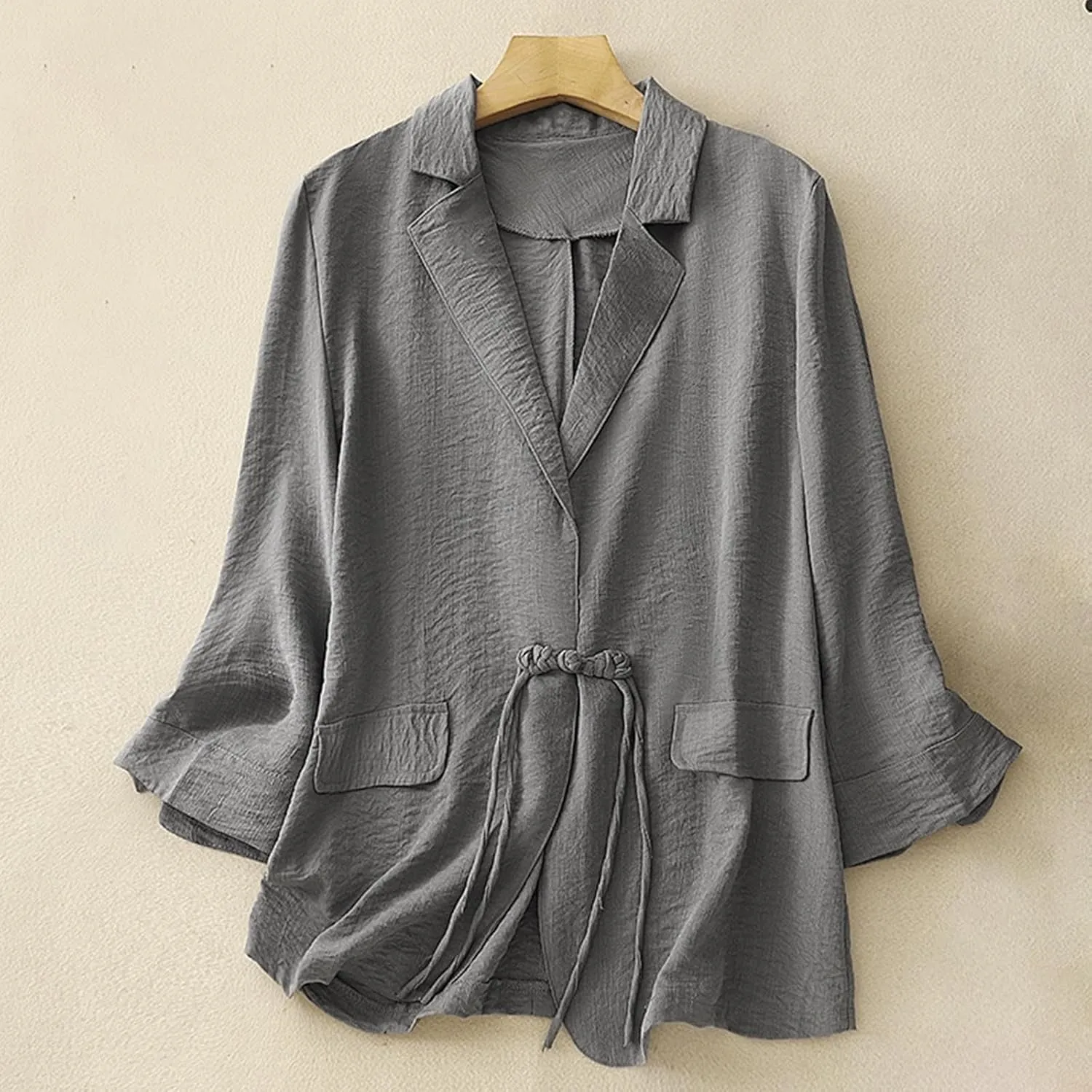 Womens Cotton Linen Blazers Fashion Fall 3/4 Sleeve Lapel Button Cardigans Dressy Casual Lightweight Vintage Jackets