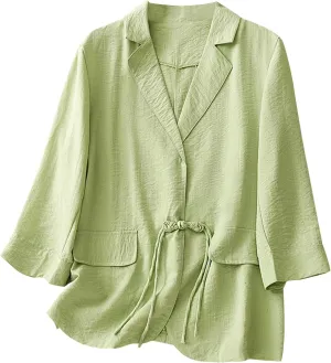 Womens Cotton Linen Blazers Fashion Fall 3/4 Sleeve Lapel Button Cardigans Dressy Casual Lightweight Vintage Jackets
