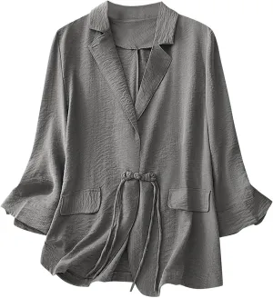 Womens Cotton Linen Blazers Fashion Fall 3/4 Sleeve Lapel Button Cardigans Dressy Casual Lightweight Vintage Jackets