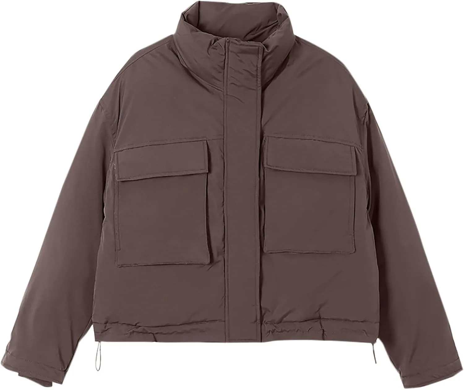 Women's Cropped Puffer Jacket Pockets Full Zip Padded Down Coats Parkas Long Sleeve Baggy Quilted Jackets Outerwear