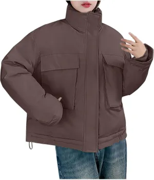 Women's Cropped Puffer Jacket Pockets Full Zip Padded Down Coats Parkas Long Sleeve Baggy Quilted Jackets Outerwear