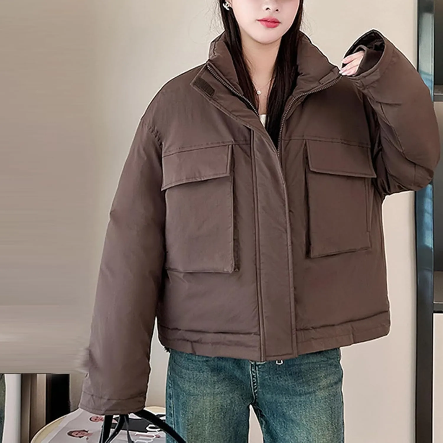Women's Cropped Puffer Jacket Pockets Full Zip Padded Down Coats Parkas Long Sleeve Baggy Quilted Jackets Outerwear