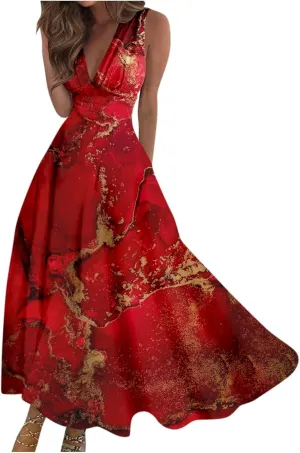 Womens Dresses Flowy Ruched Floral Print Sundresses Wrap V Neck Sleeveless Maxi Dress Elegant Beach Dresses