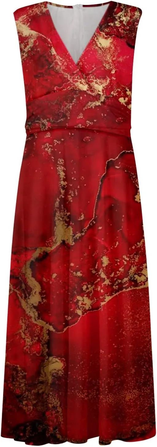 Womens Dresses Flowy Ruched Floral Print Sundresses Wrap V Neck Sleeveless Maxi Dress Elegant Beach Dresses