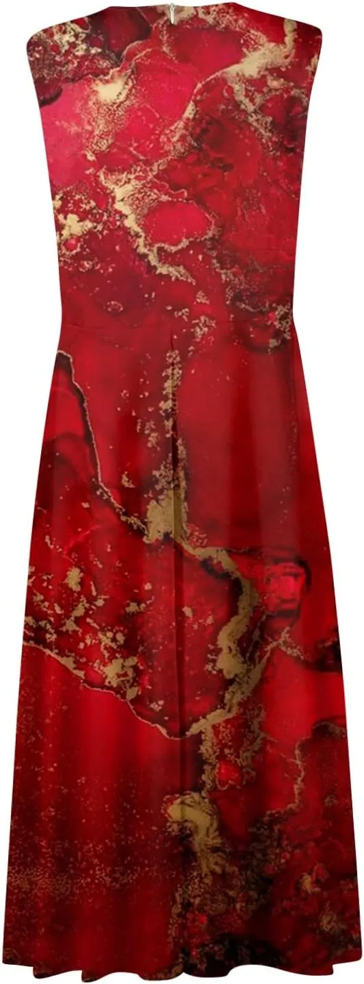 Womens Dresses Flowy Ruched Floral Print Sundresses Wrap V Neck Sleeveless Maxi Dress Elegant Beach Dresses