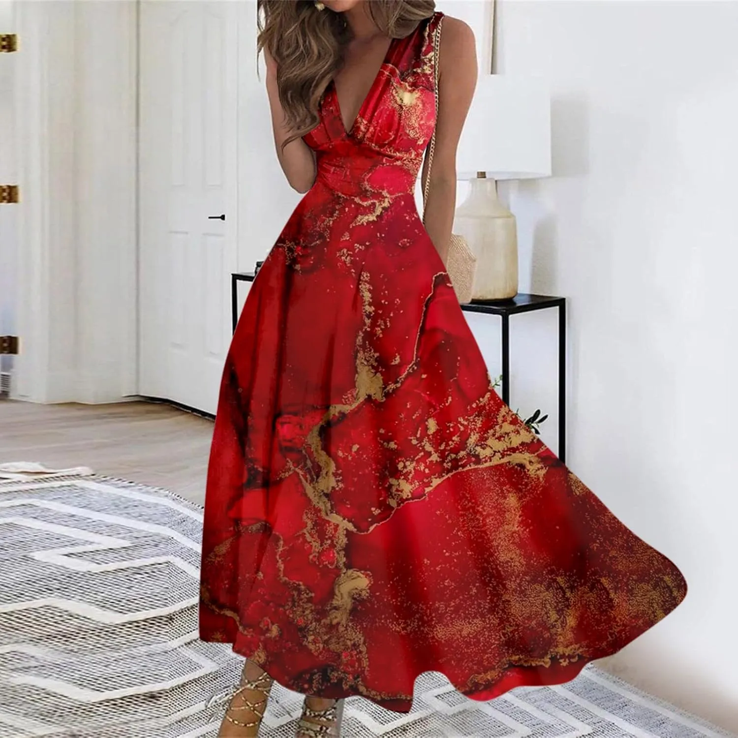 Womens Dresses Flowy Ruched Floral Print Sundresses Wrap V Neck Sleeveless Maxi Dress Elegant Beach Dresses