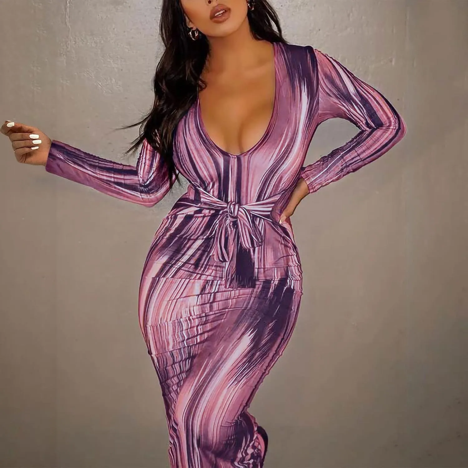 Women's Fashion Sexy Ruched Long Sleeve Midi Club Party Bodycon Dress Casual Tie Dye Printed Pencil Dresses