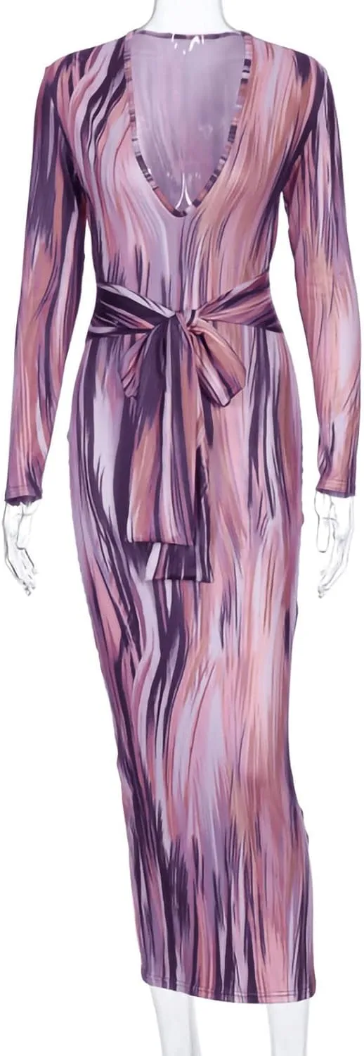 Women's Fashion Sexy Ruched Long Sleeve Midi Club Party Bodycon Dress Casual Tie Dye Printed Pencil Dresses