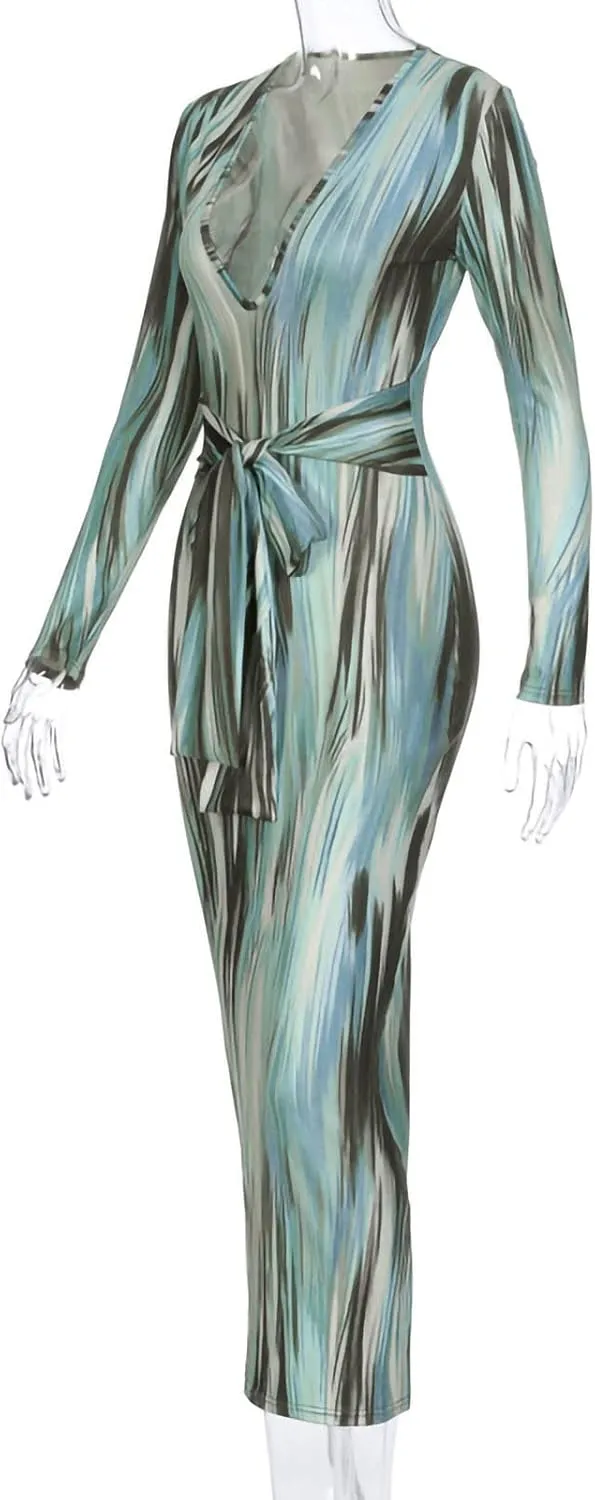 Women's Fashion Sexy Ruched Long Sleeve Midi Club Party Bodycon Dress Casual Tie Dye Printed Pencil Dresses