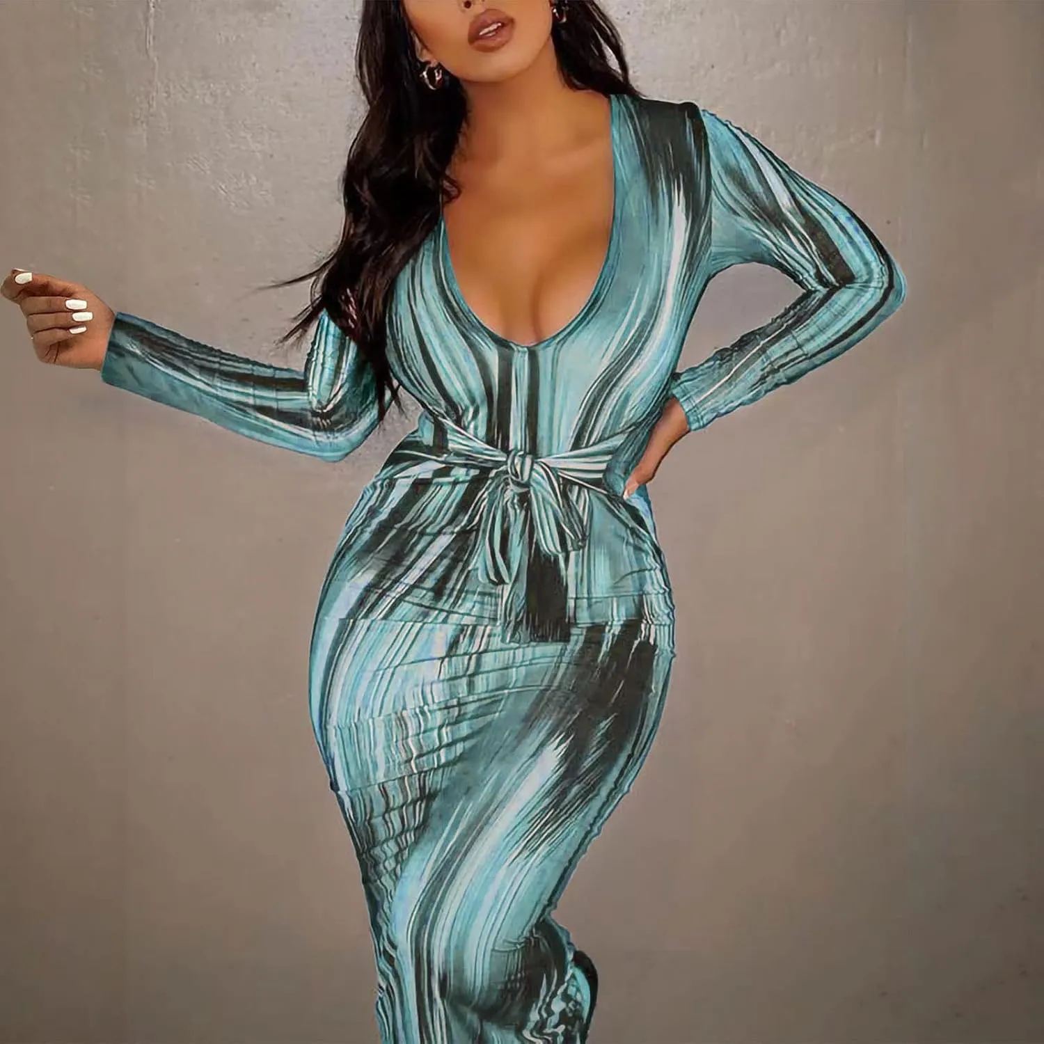 Women's Fashion Sexy Ruched Long Sleeve Midi Club Party Bodycon Dress Casual Tie Dye Printed Pencil Dresses