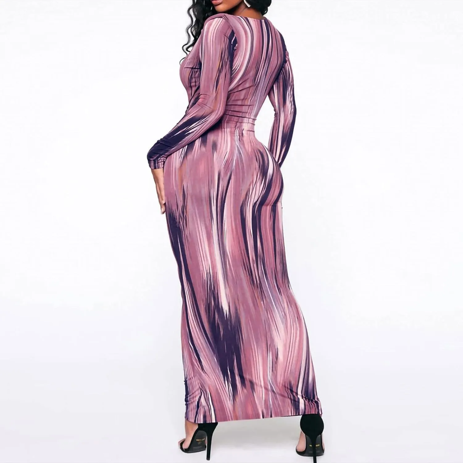 Women's Fashion Sexy Ruched Long Sleeve Midi Club Party Bodycon Dress Casual Tie Dye Printed Pencil Dresses