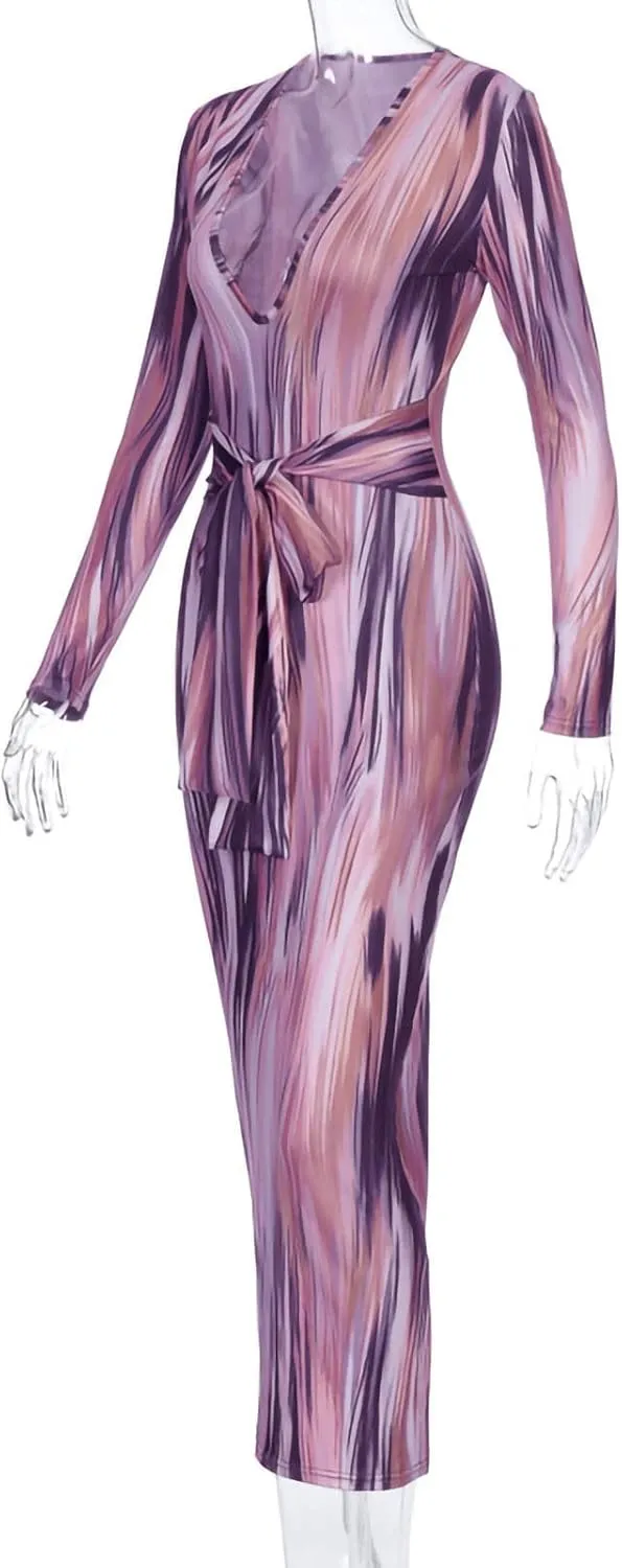 Women's Fashion Sexy Ruched Long Sleeve Midi Club Party Bodycon Dress Casual Tie Dye Printed Pencil Dresses