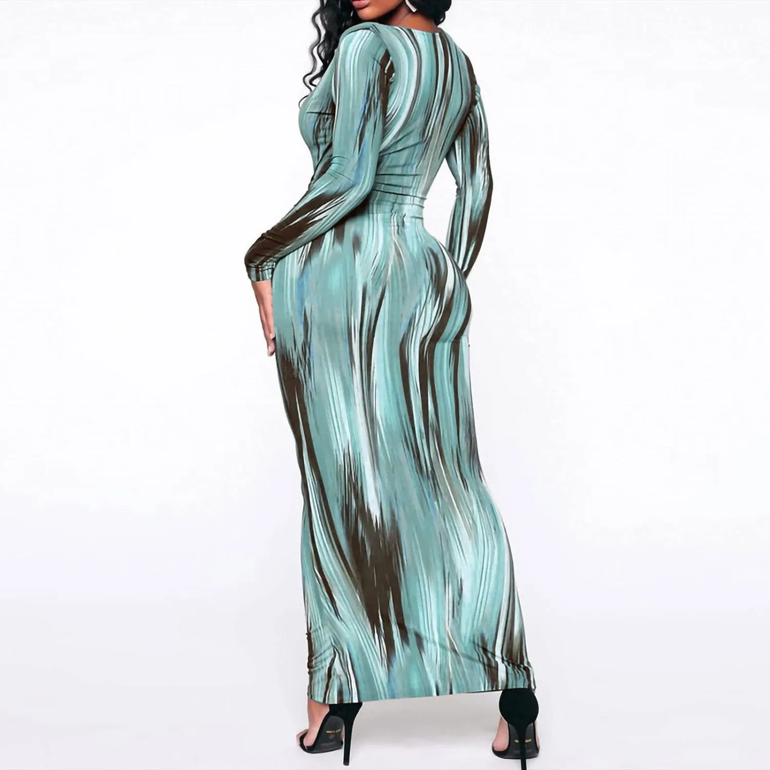 Women's Fashion Sexy Ruched Long Sleeve Midi Club Party Bodycon Dress Casual Tie Dye Printed Pencil Dresses
