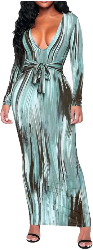 Women's Fashion Sexy Ruched Long Sleeve Midi Club Party Bodycon Dress Casual Tie Dye Printed Pencil Dresses