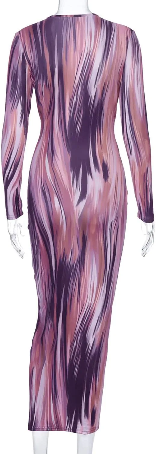 Women's Fashion Sexy Ruched Long Sleeve Midi Club Party Bodycon Dress Casual Tie Dye Printed Pencil Dresses