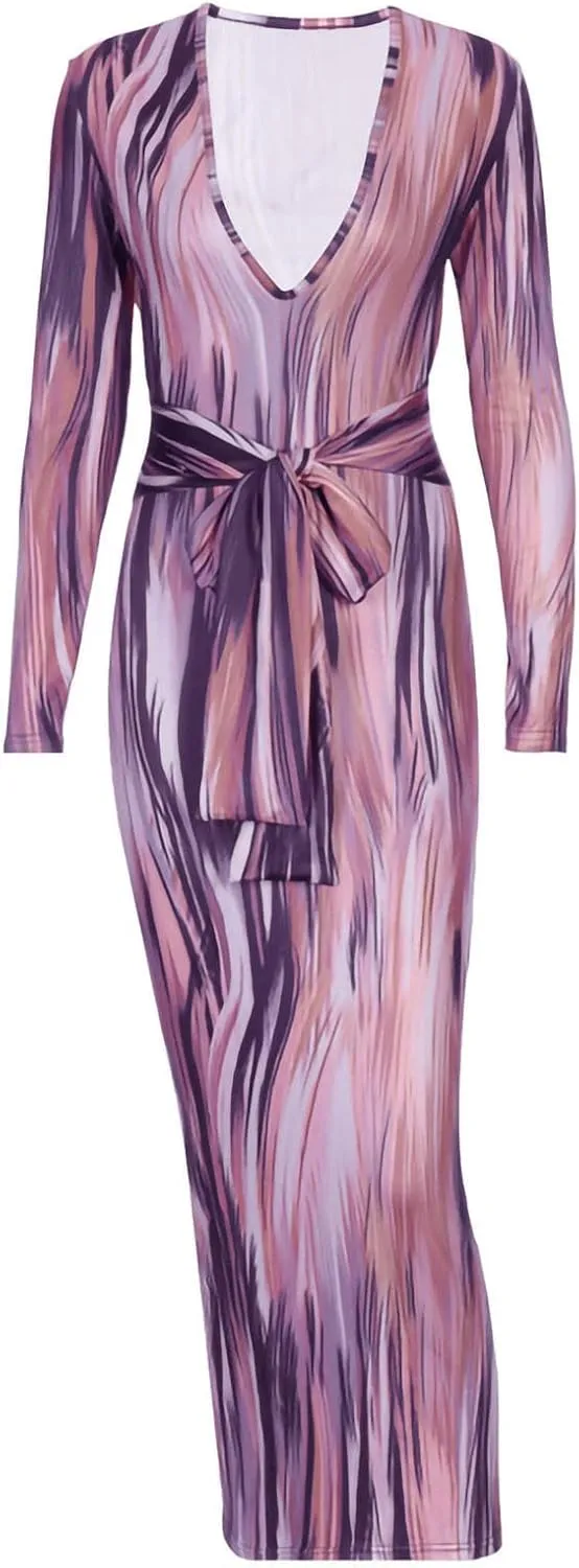 Women's Fashion Sexy Ruched Long Sleeve Midi Club Party Bodycon Dress Casual Tie Dye Printed Pencil Dresses