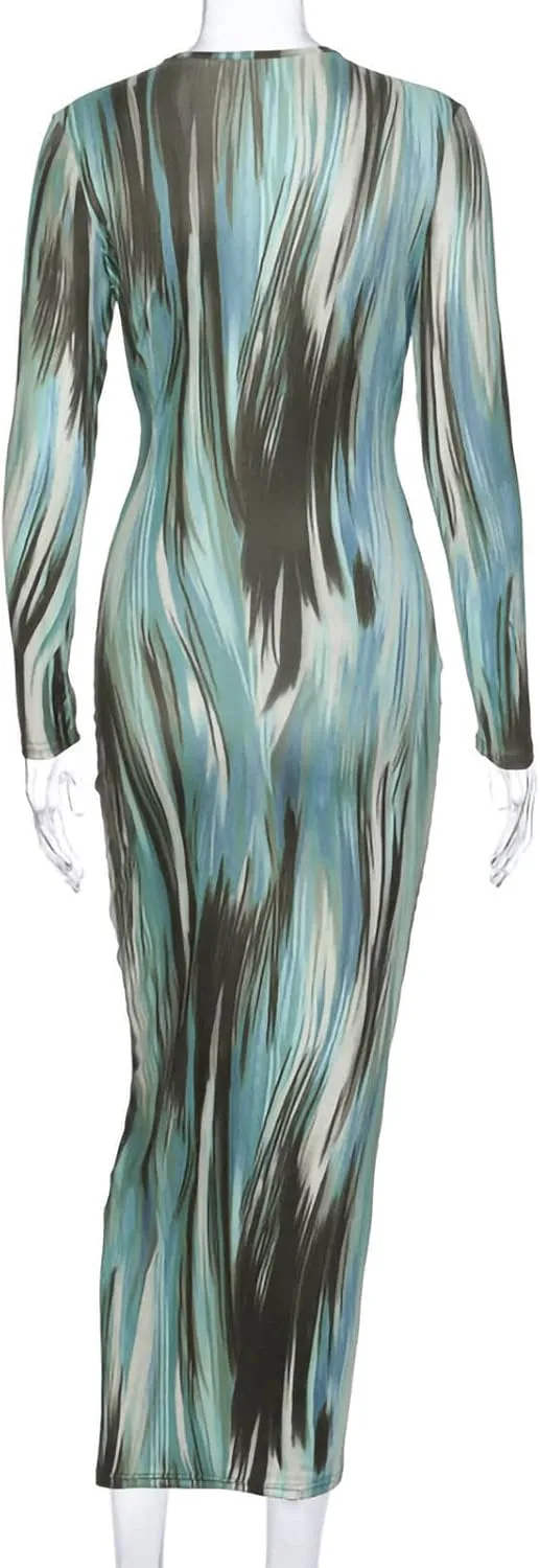 Women's Fashion Sexy Ruched Long Sleeve Midi Club Party Bodycon Dress Casual Tie Dye Printed Pencil Dresses