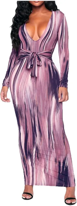 Women's Fashion Sexy Ruched Long Sleeve Midi Club Party Bodycon Dress Casual Tie Dye Printed Pencil Dresses