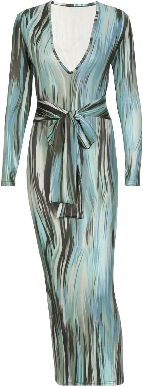 Women's Fashion Sexy Ruched Long Sleeve Midi Club Party Bodycon Dress Casual Tie Dye Printed Pencil Dresses