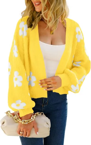 Women's Floral Printed Cropped Cardigan Open Front Y2k Knit Sweater Tops