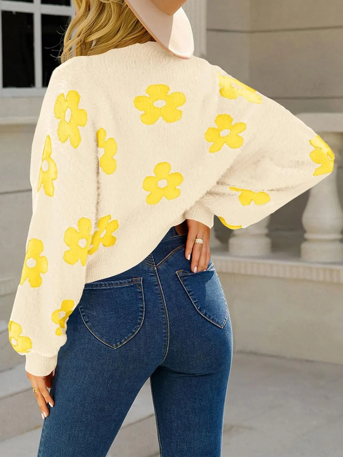 Women's Floral Printed Cropped Cardigan Open Front Y2k Knit Sweater Tops