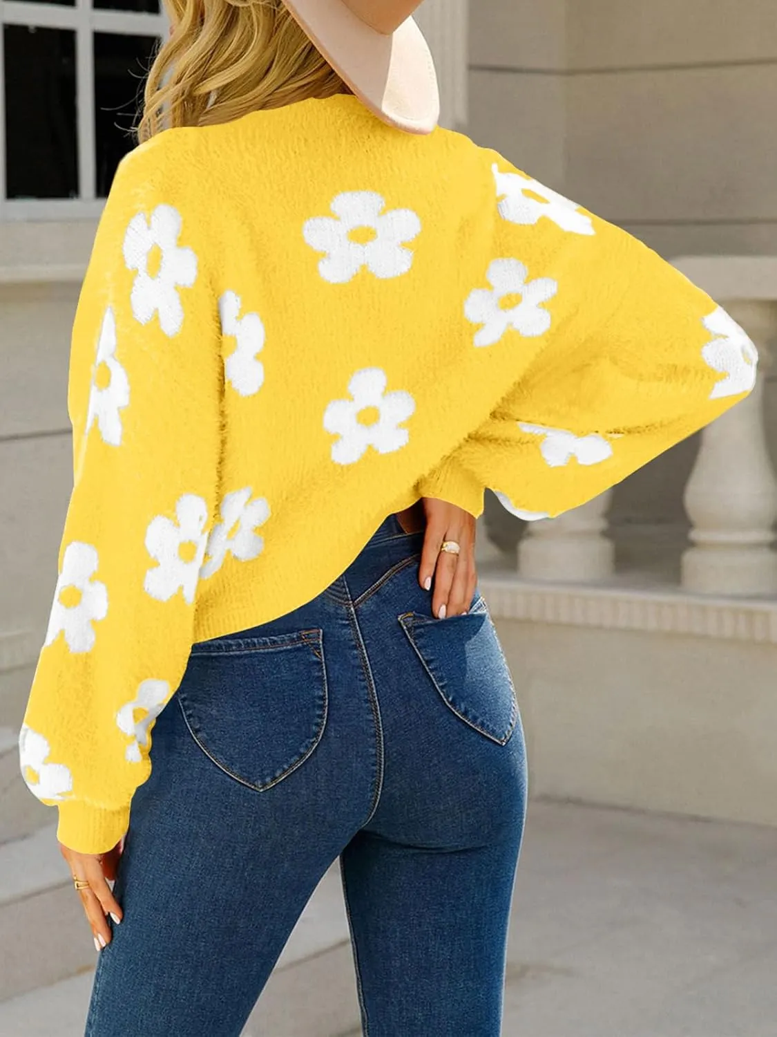 Women's Floral Printed Cropped Cardigan Open Front Y2k Knit Sweater Tops