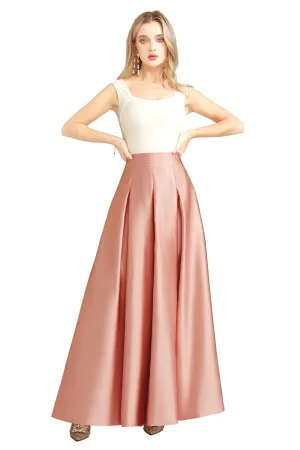 Women's Front Pleated Back Elastic Formal Prom Party Maxi Skirt A-Line Satin Skirts with Pockets