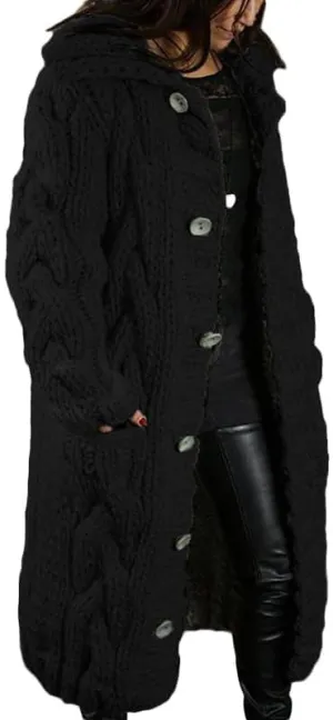Women's Hooded Long Cardigans Chunky Cable Knit Thick Sweater Coat Knitted Open Front Cardigan Sweater Outerwear