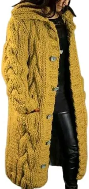 Women's Hooded Long Cardigans Chunky Cable Knit Thick Sweater Coat Knitted Open Front Cardigan Sweater Outerwear