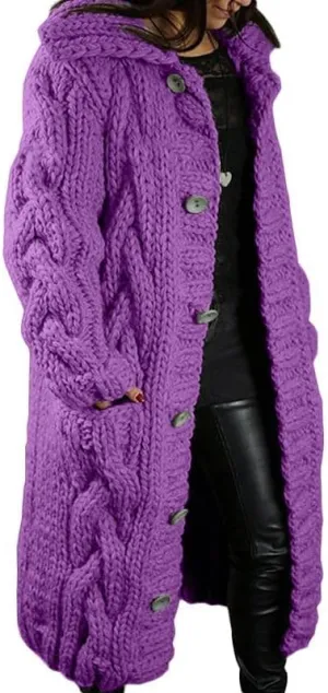 Women's Hooded Long Cardigans Chunky Cable Knit Thick Sweater Coat Knitted Open Front Cardigan Sweater Outerwear