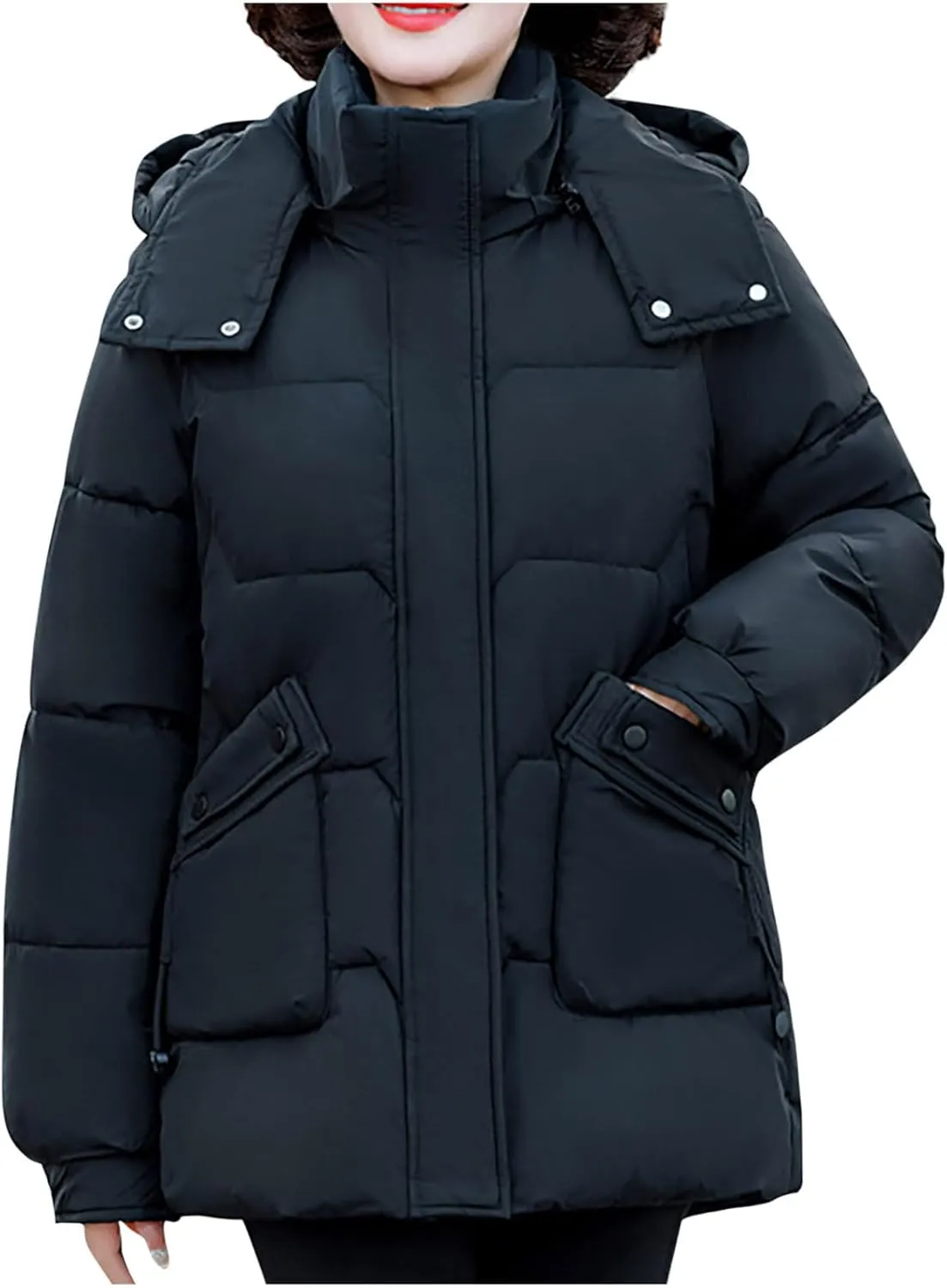 Women's Hooded Puffer Coats 2024 Trendy Quilted Down Jacket Plus Size Thick Coat with Pockets Winter Warm Outerwear