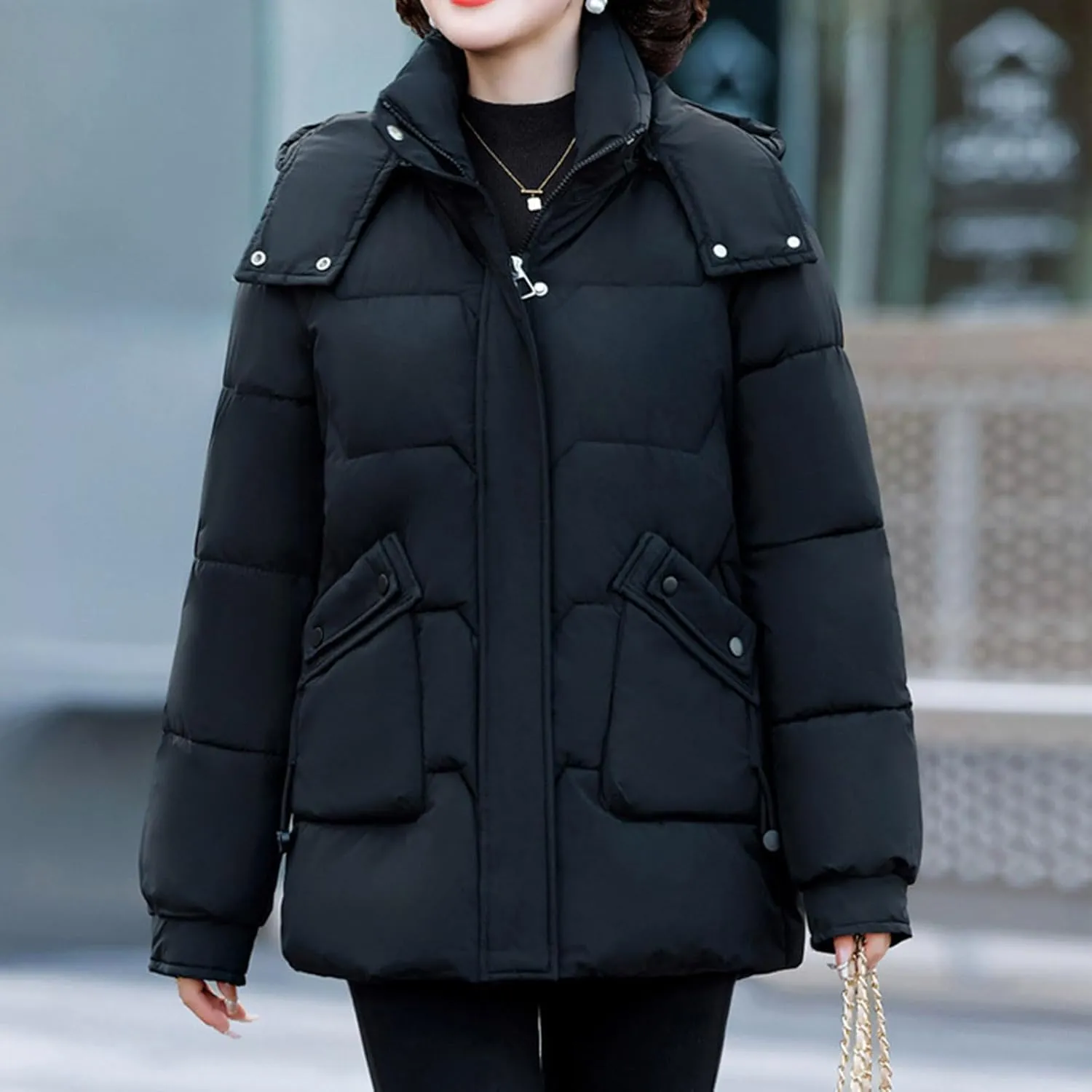 Women's Hooded Puffer Coats 2024 Trendy Quilted Down Jacket Plus Size Thick Coat with Pockets Winter Warm Outerwear