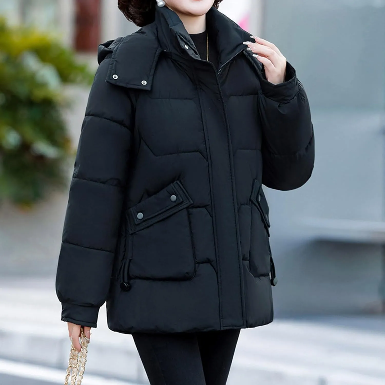 Women's Hooded Puffer Coats 2024 Trendy Quilted Down Jacket Plus Size Thick Coat with Pockets Winter Warm Outerwear