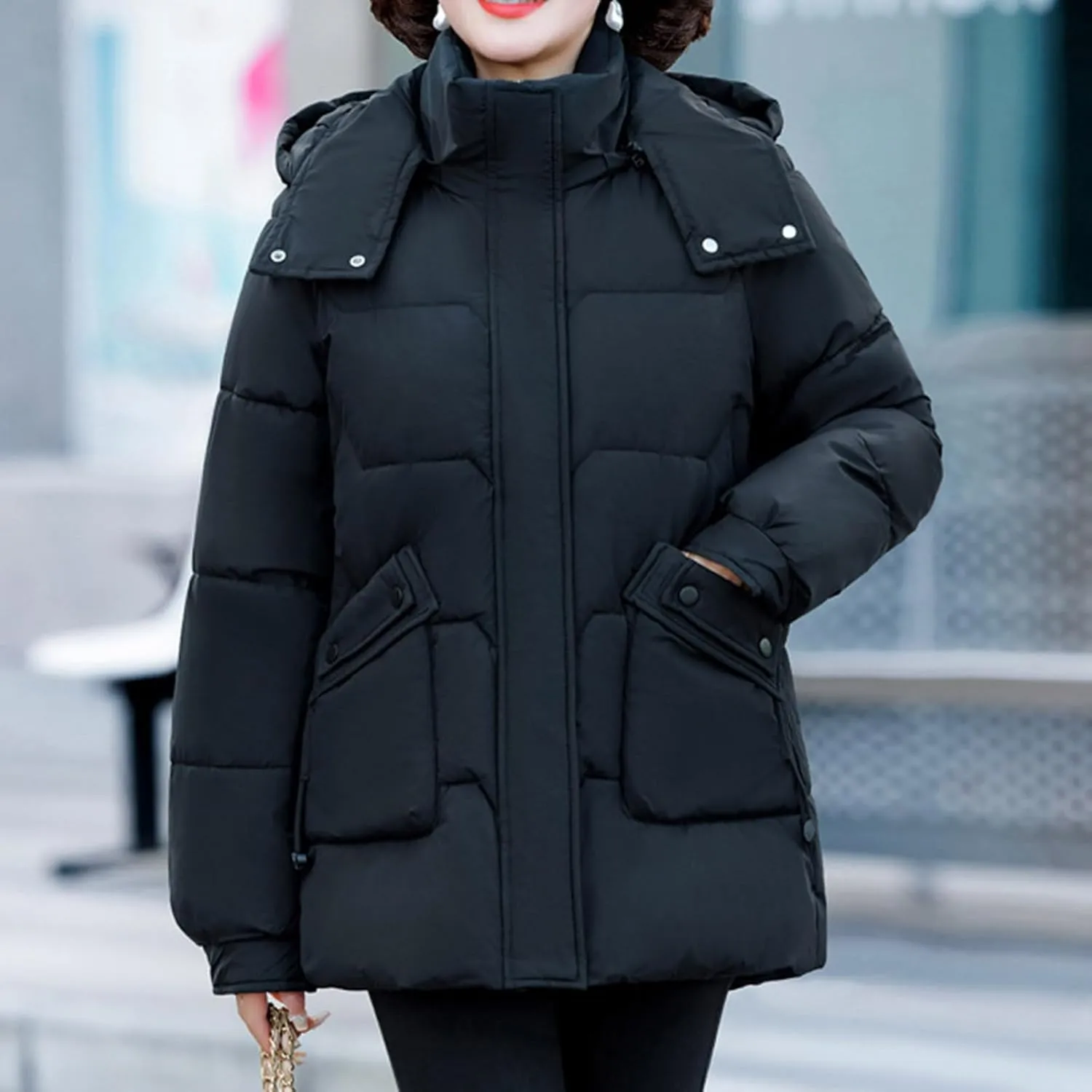 Women's Hooded Puffer Coats 2024 Trendy Quilted Down Jacket Plus Size Thick Coat with Pockets Winter Warm Outerwear