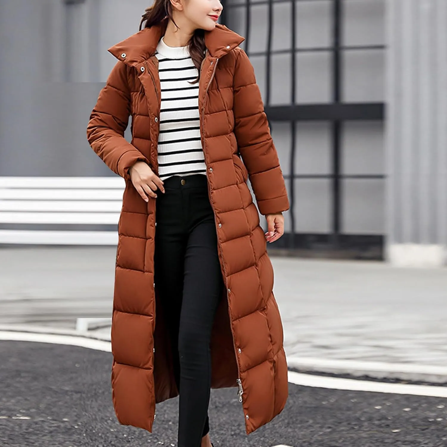 Women's Hooded Thickened Long Down Jacket Maxi Down Parka Puffer Coat Winter Warm with Faux Fur Hooded Cotton Coats