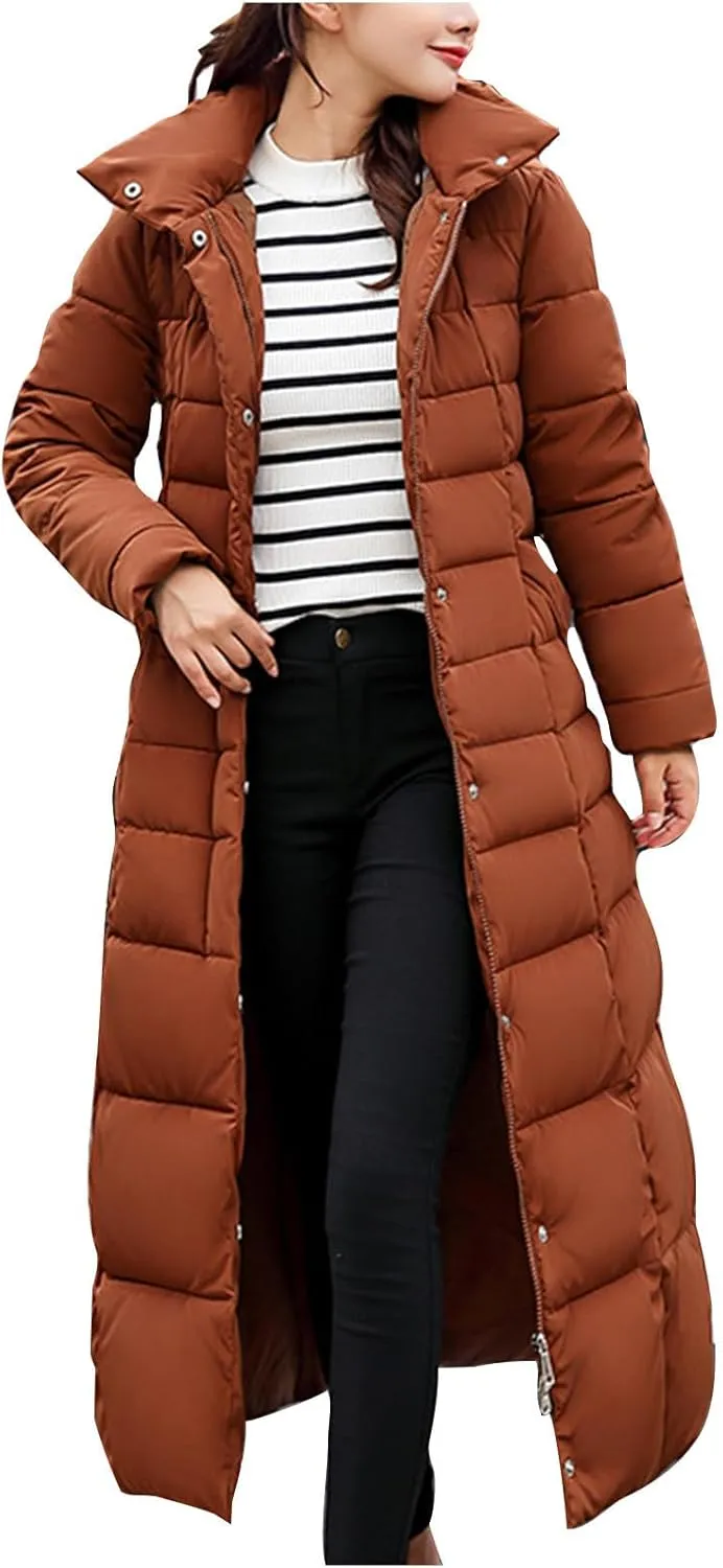 Women's Hooded Thickened Long Down Jacket Maxi Down Parka Puffer Coat Winter Warm with Faux Fur Hooded Cotton Coats