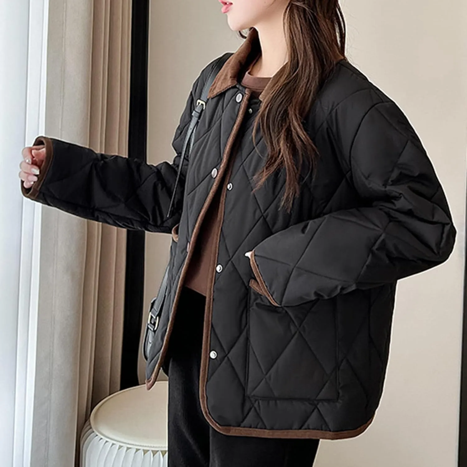 Womens Lightweight Winter Quilted Coats Long Sleeve Button Cropped Puffer Jackets Cardigan Short Padded Down Coats