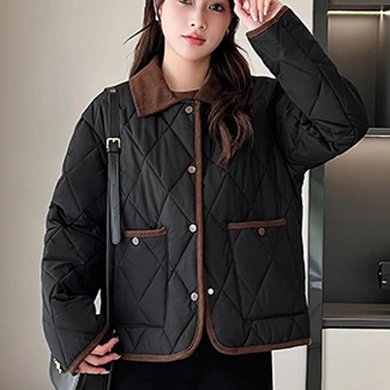 Womens Lightweight Winter Quilted Coats Long Sleeve Button Cropped Puffer Jackets Cardigan Short Padded Down Coats
