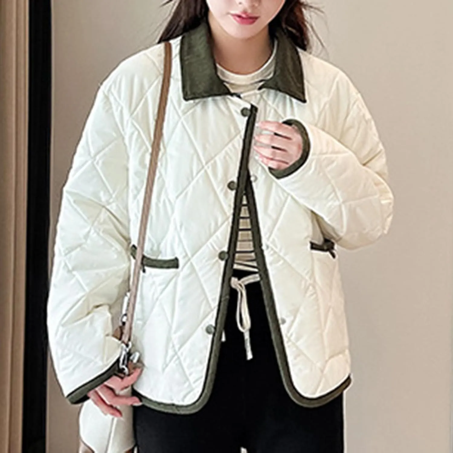 Womens Lightweight Winter Quilted Coats Long Sleeve Button Cropped Puffer Jackets Cardigan Short Padded Down Coats