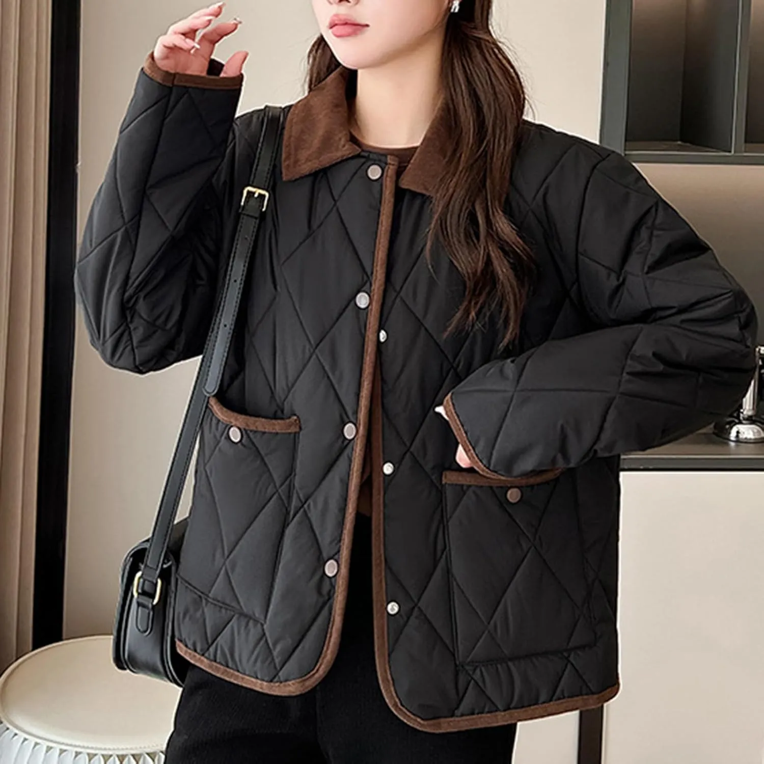 Womens Lightweight Winter Quilted Coats Long Sleeve Button Cropped Puffer Jackets Cardigan Short Padded Down Coats