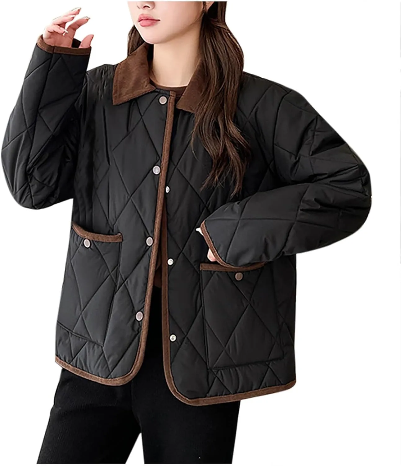 Womens Lightweight Winter Quilted Coats Long Sleeve Button Cropped Puffer Jackets Cardigan Short Padded Down Coats